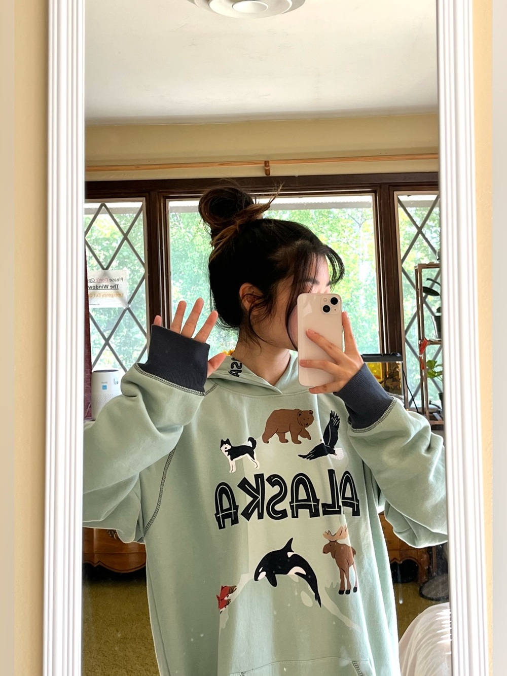 Lazy One Sage Green Alaska Wildlife Hoodie with Brown Bear Print